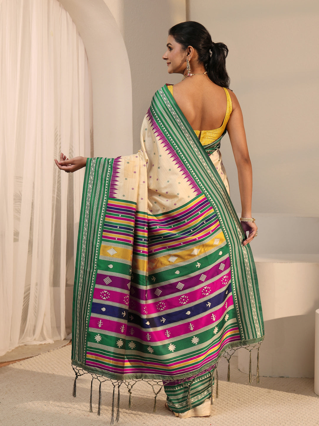  Libas Beige Woven Design Silk Blend Tassel Saree with Colour Block Pallu 
