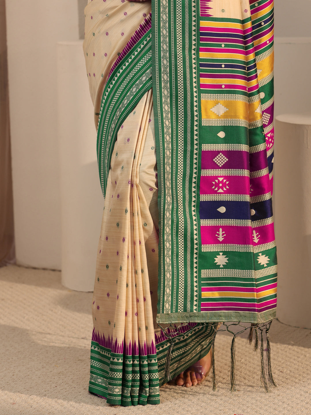  Libas Beige Woven Design Silk Blend Tassel Saree with Colour Block Pallu 