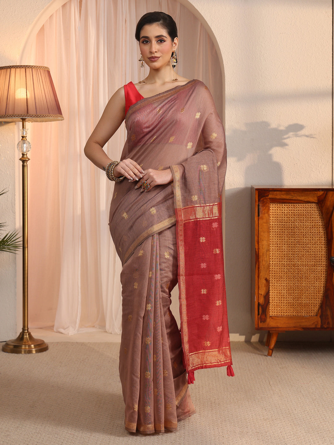  Libas Mauve and Red Woven Design Cotton Blend Tassel Saree 