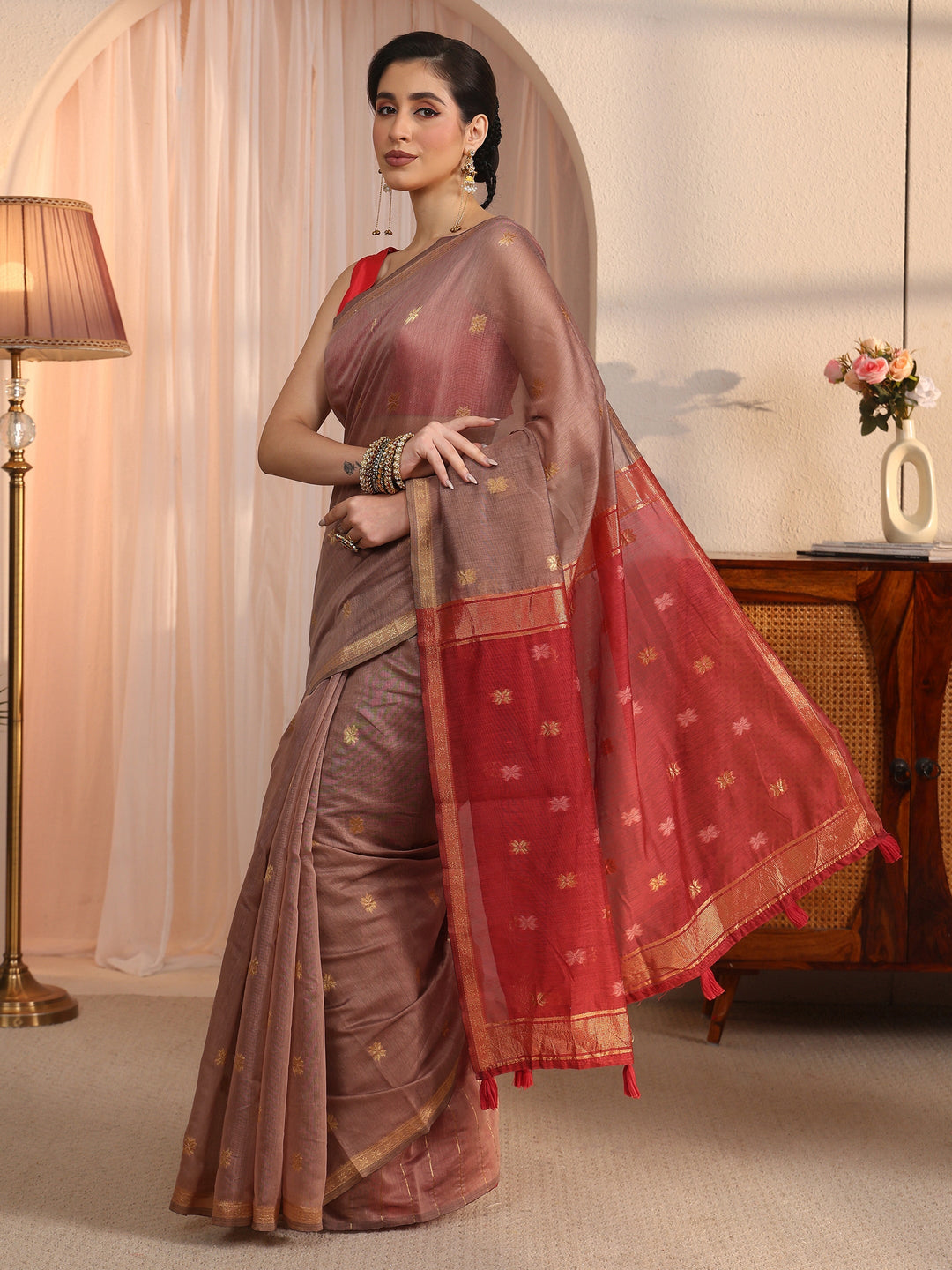  Libas Mauve and Red Woven Design Cotton Blend Tassel Saree 