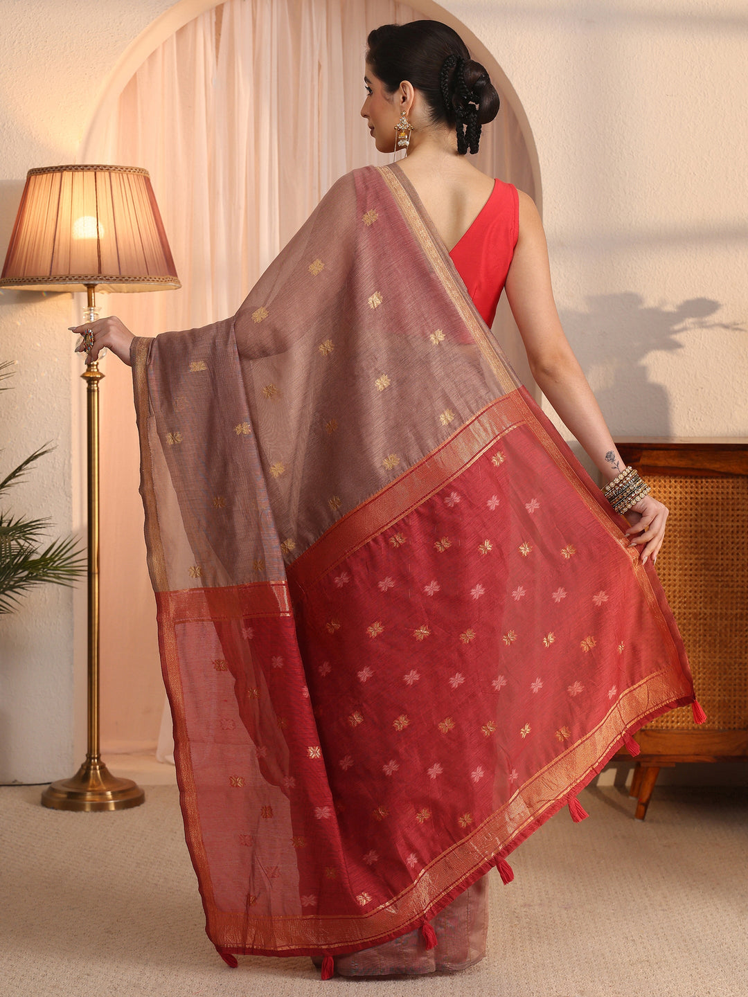  Libas Mauve and Red Woven Design Cotton Blend Tassel Saree 