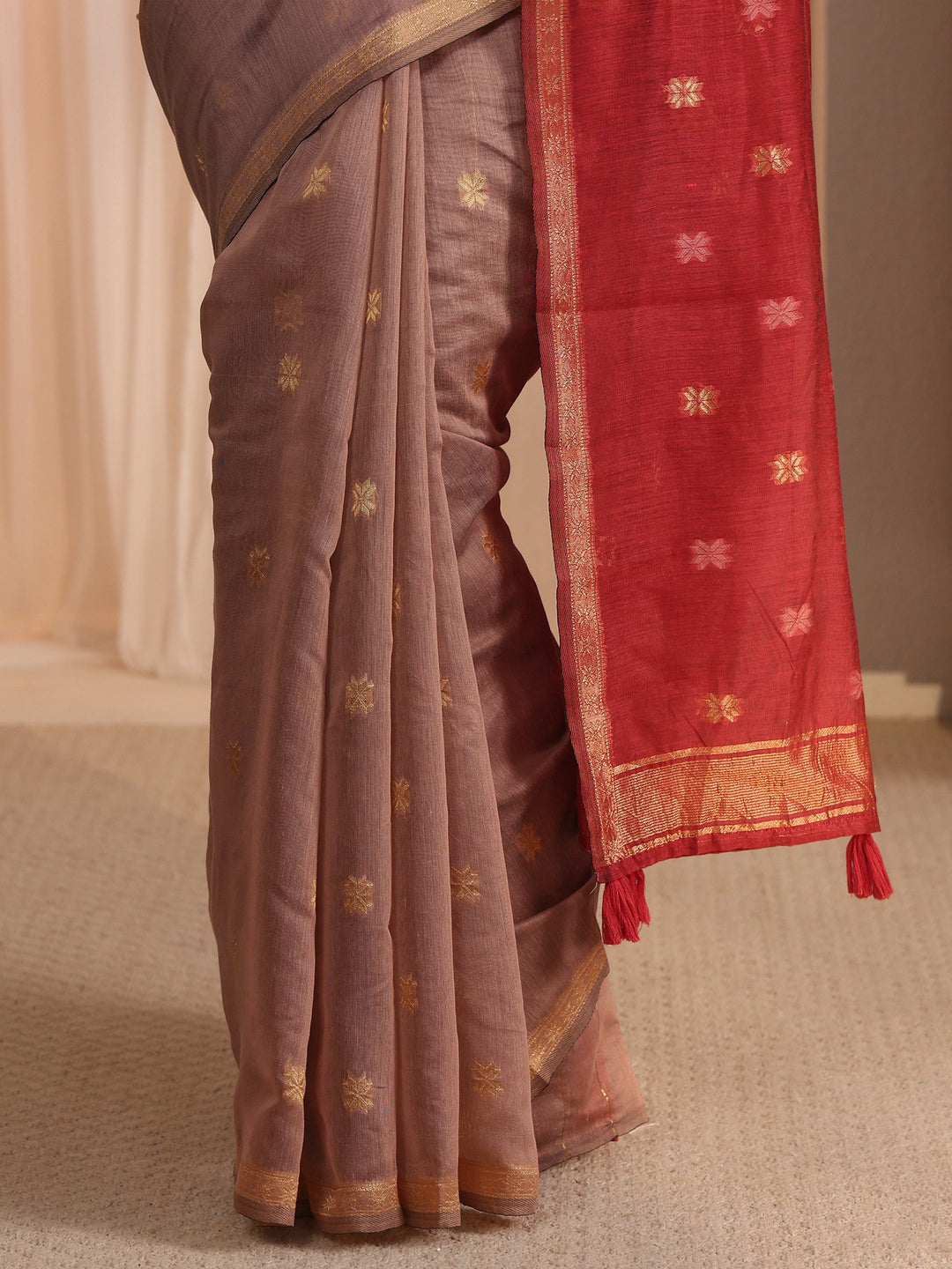  Libas Mauve and Red Woven Design Cotton Blend Tassel Saree 