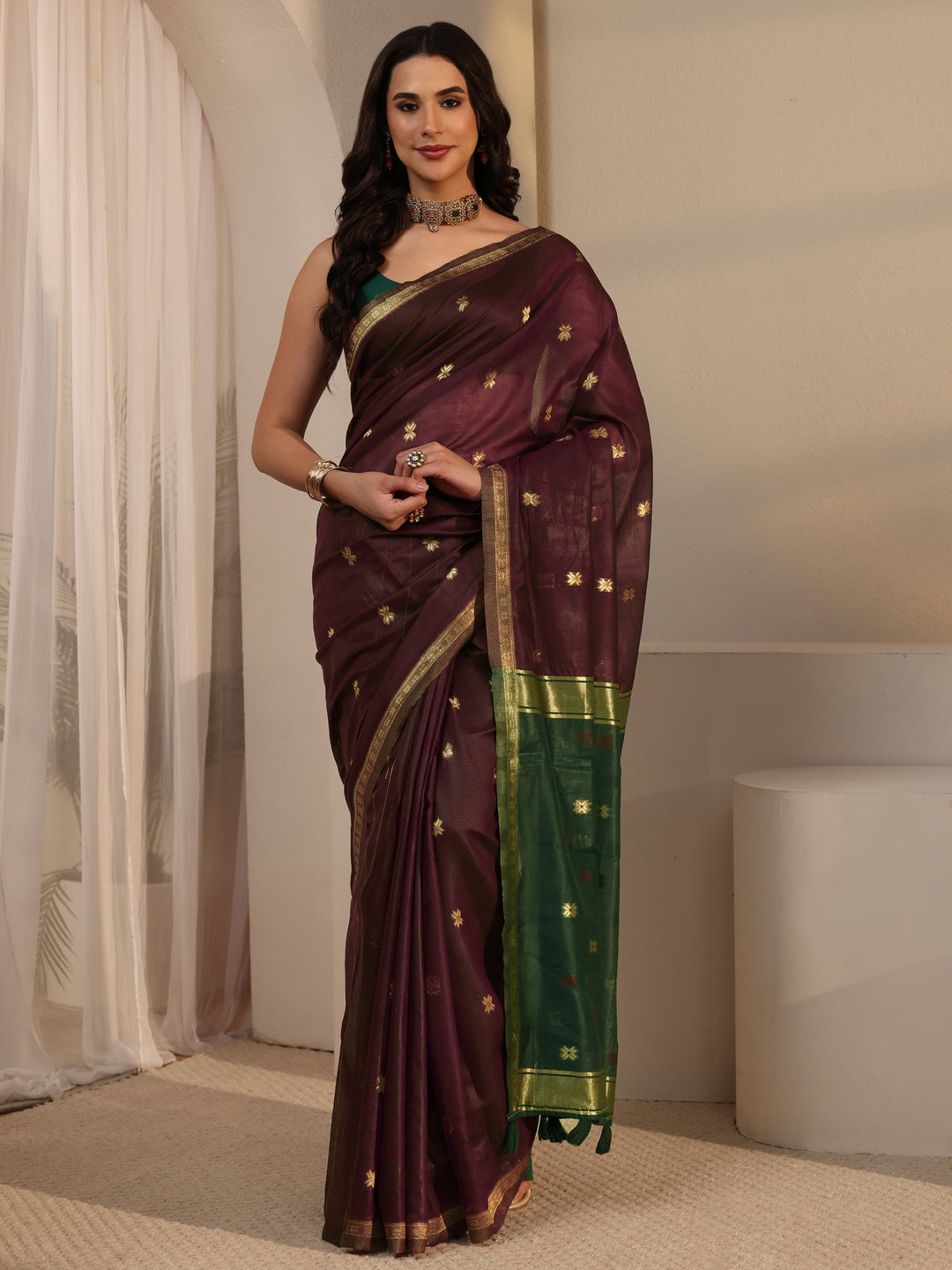  Libas Maroon Woven Design Cotton Blend Tassel Saree 
