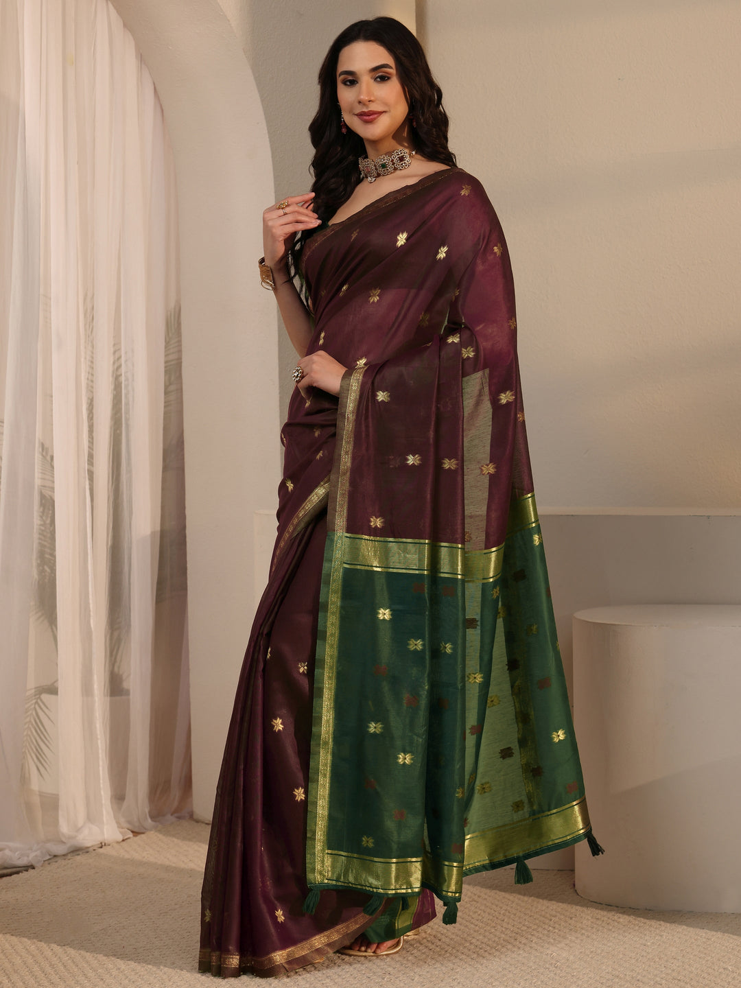  Libas Maroon Woven Design Cotton Blend Tassel Saree 