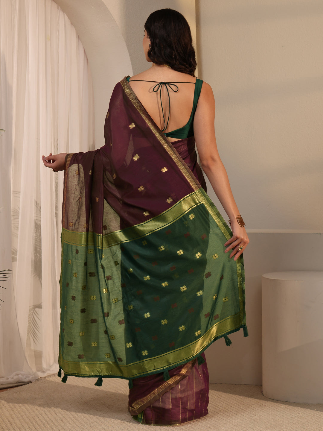  Libas Maroon Woven Design Cotton Blend Tassel Saree 