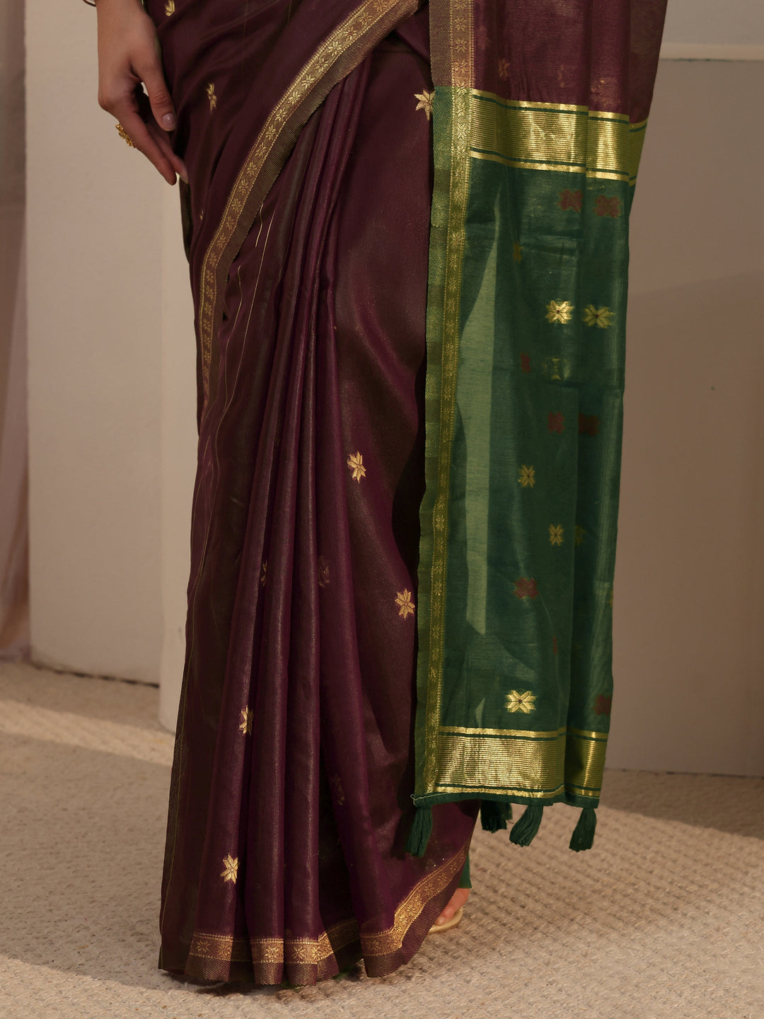  Libas Maroon Woven Design Cotton Blend Tassel Saree 