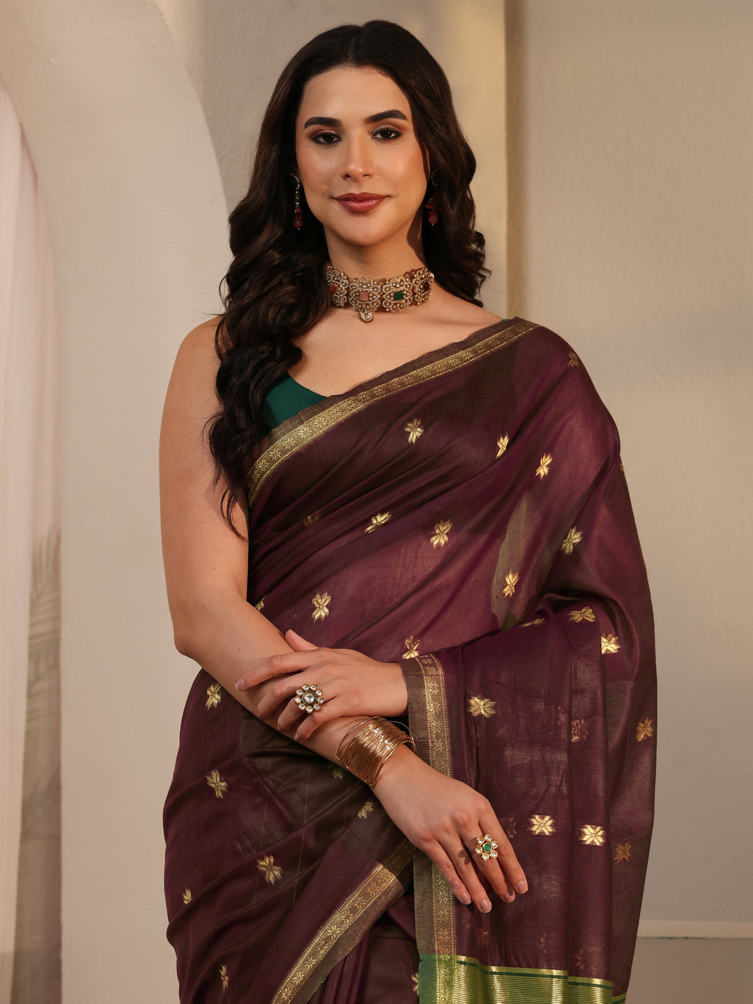  Libas Maroon Woven Design Cotton Blend Tassel Saree 