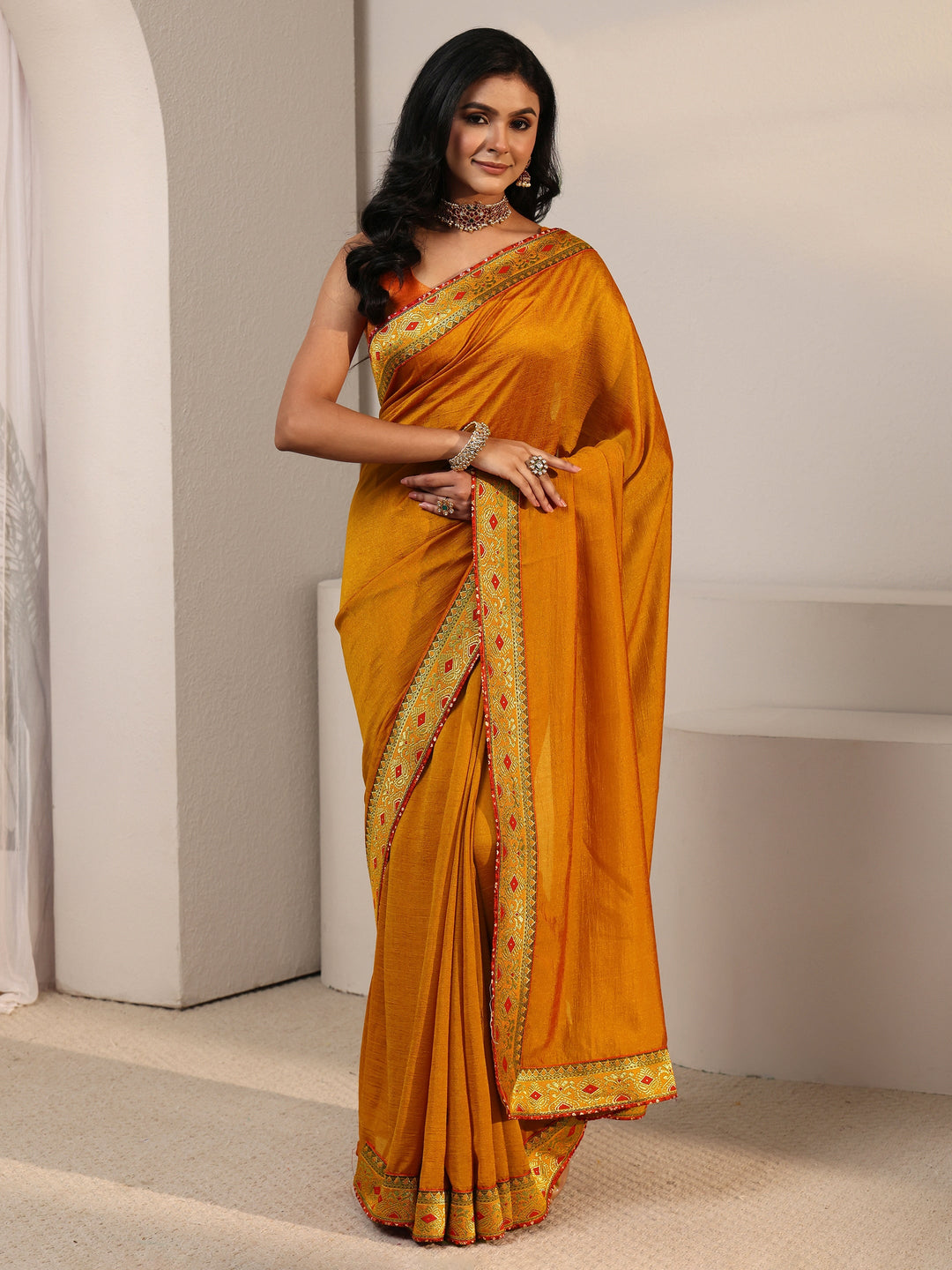  Libas Mustard Silk Blend Saree with Woven Border 