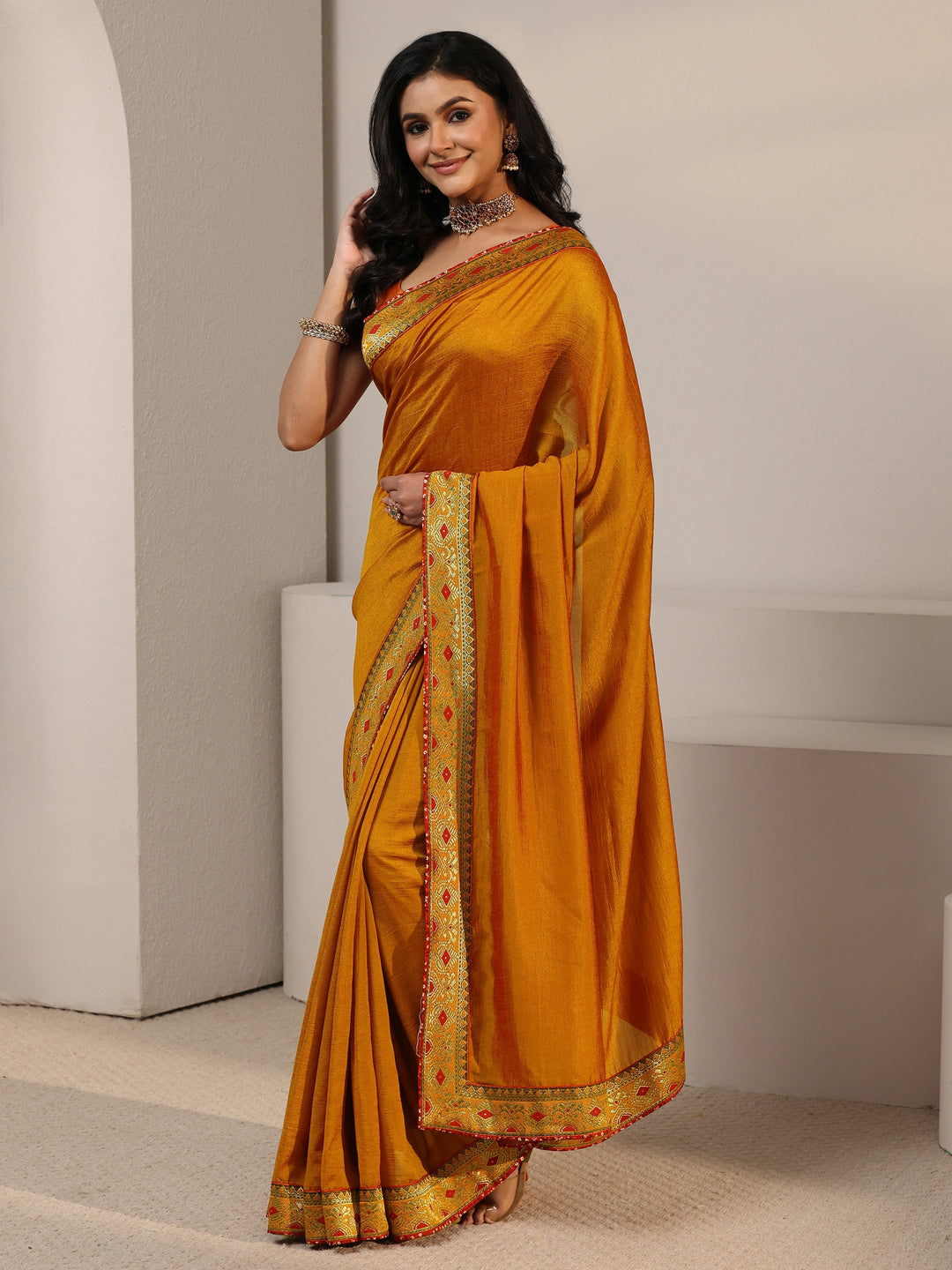  Libas Mustard Silk Blend Saree with Woven Border 