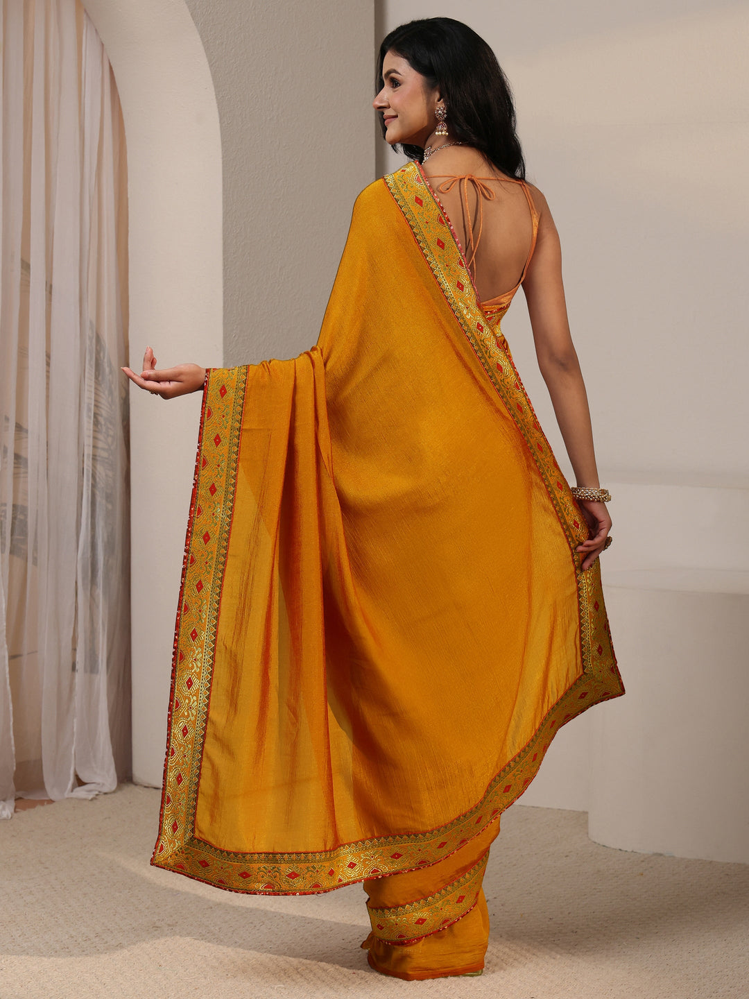  Libas Mustard Silk Blend Saree with Woven Border 