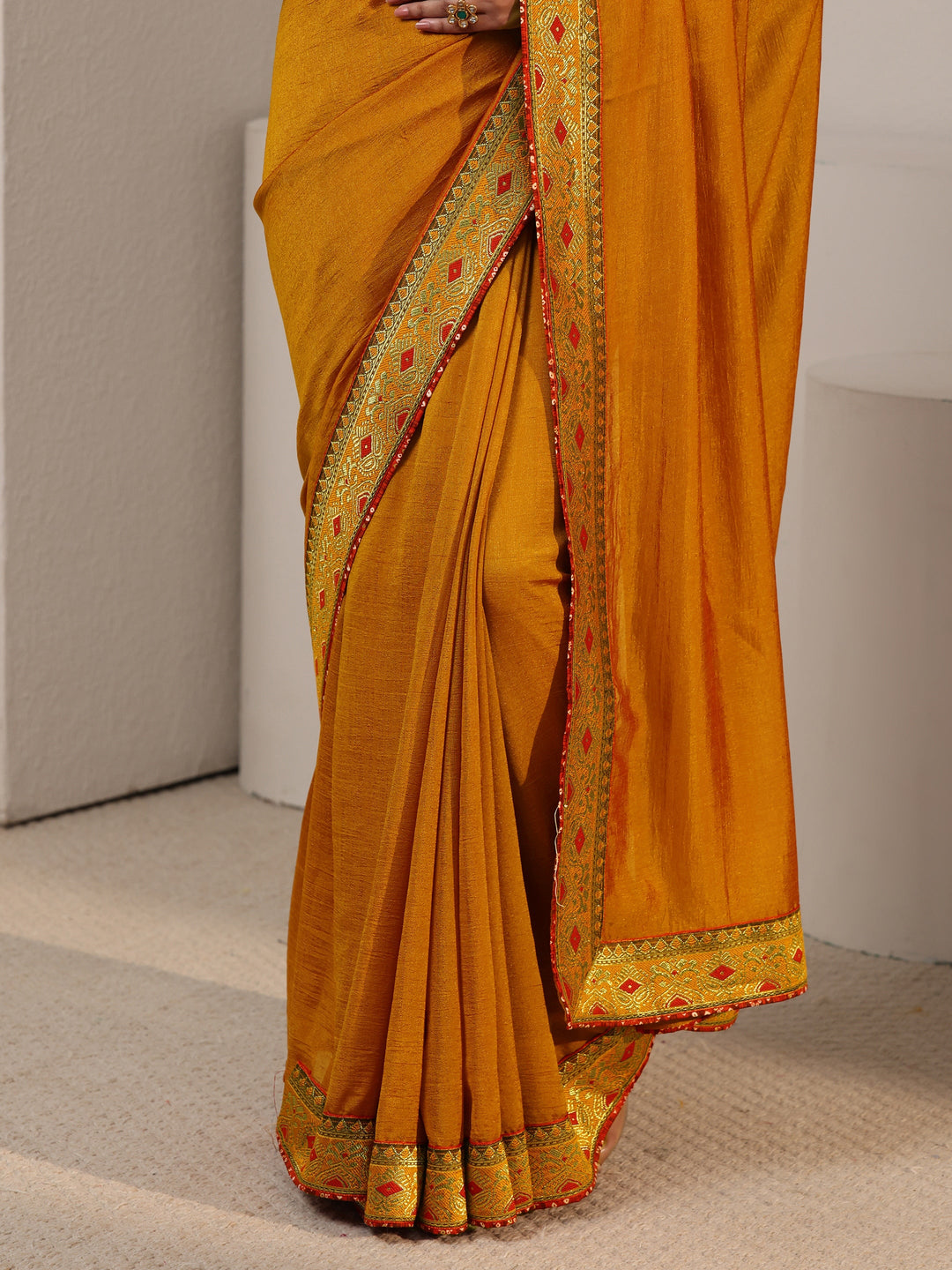  Libas Mustard Silk Blend Saree with Woven Border 