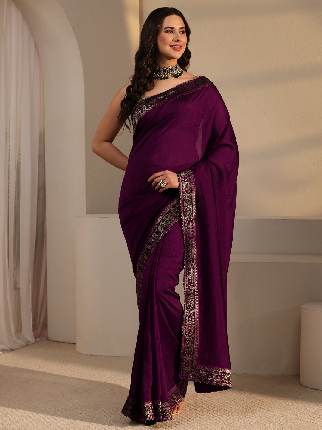  Libas Wine Silk Blend Saree with Woven Border 