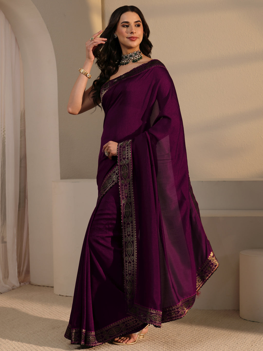 Libas Wine Silk Blend Saree with Woven Border 