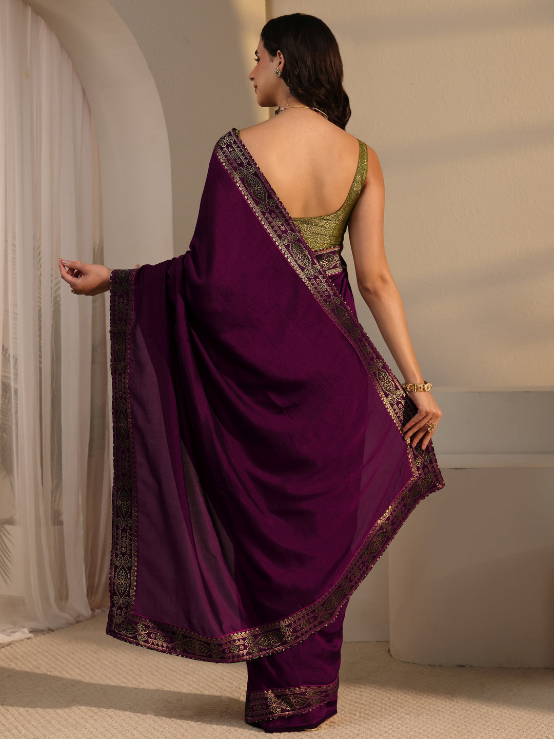  Libas Wine Silk Blend Saree with Woven Border 
