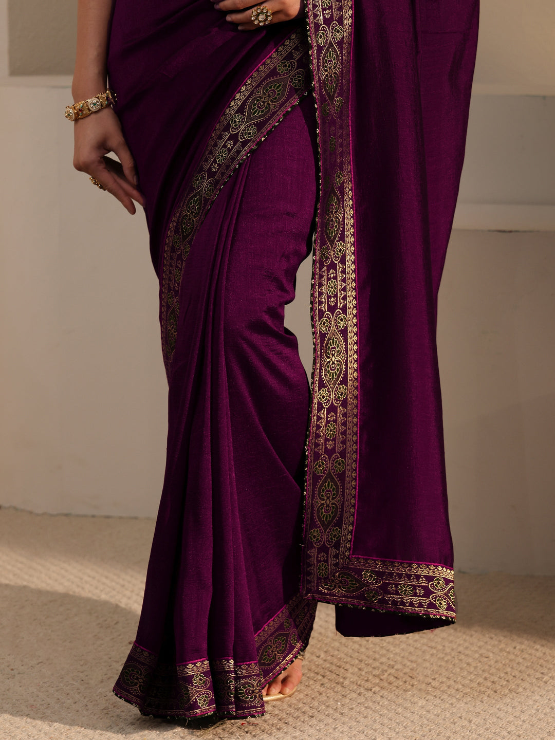  Libas Wine Silk Blend Saree with Woven Border 