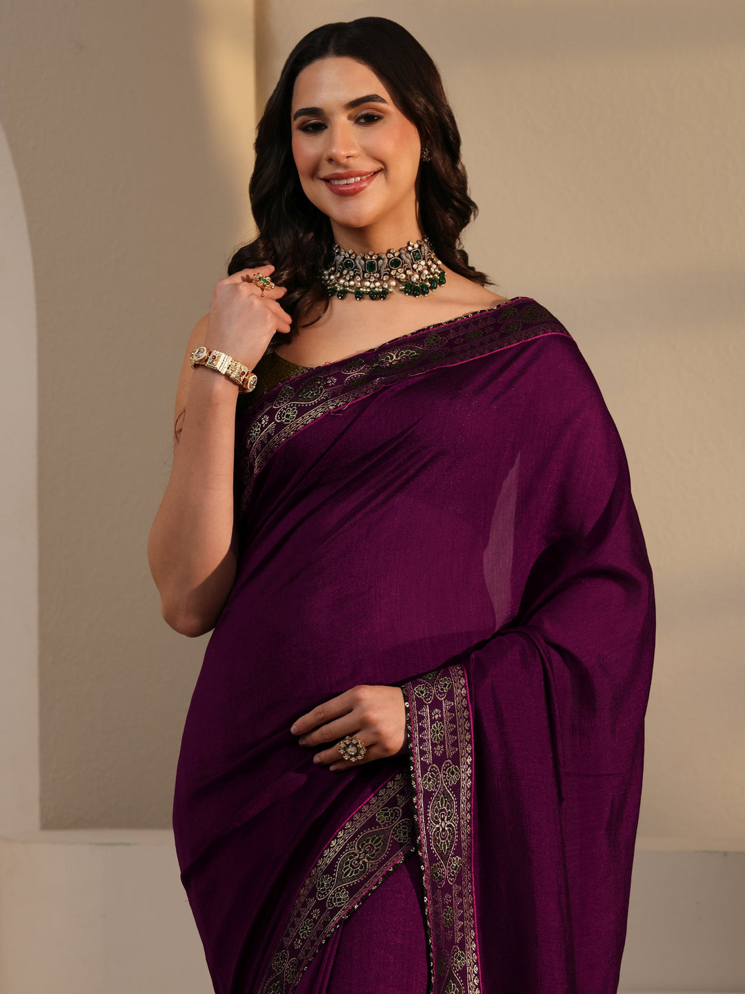  Libas Wine Silk Blend Saree with Woven Border 
