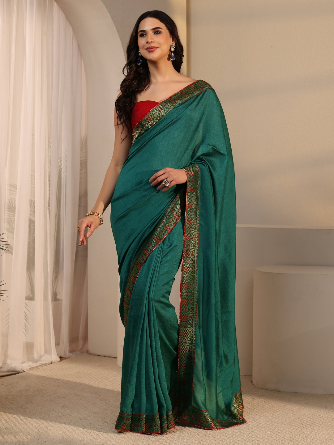  Libas Peacock Green Woven Design Silk Blend Saree 