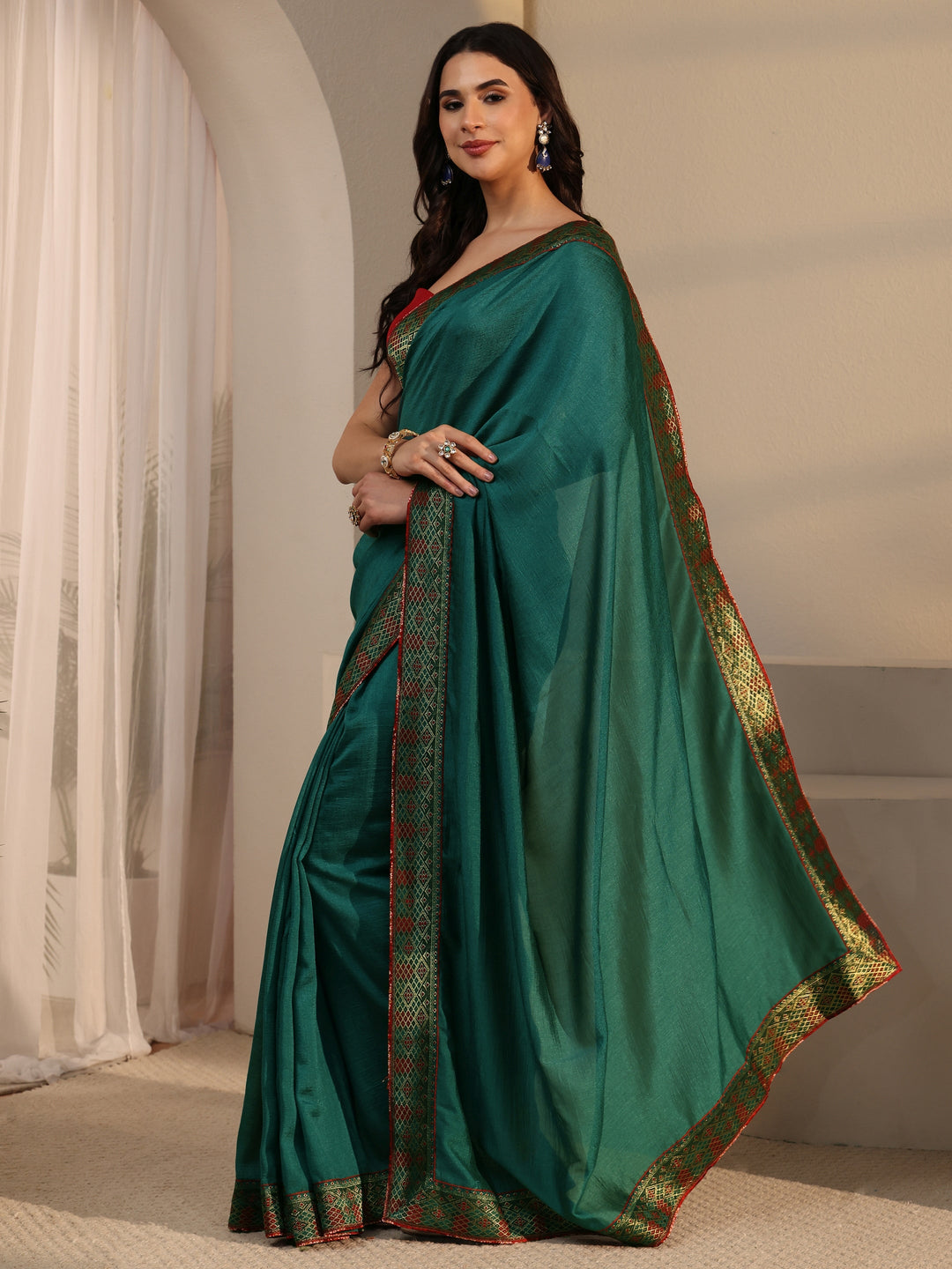  Libas Peacock Green Woven Design Silk Blend Saree 