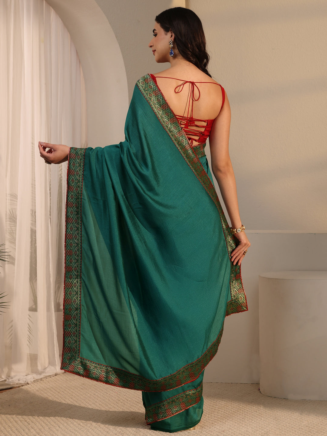  Libas Peacock Green Woven Design Silk Blend Saree 