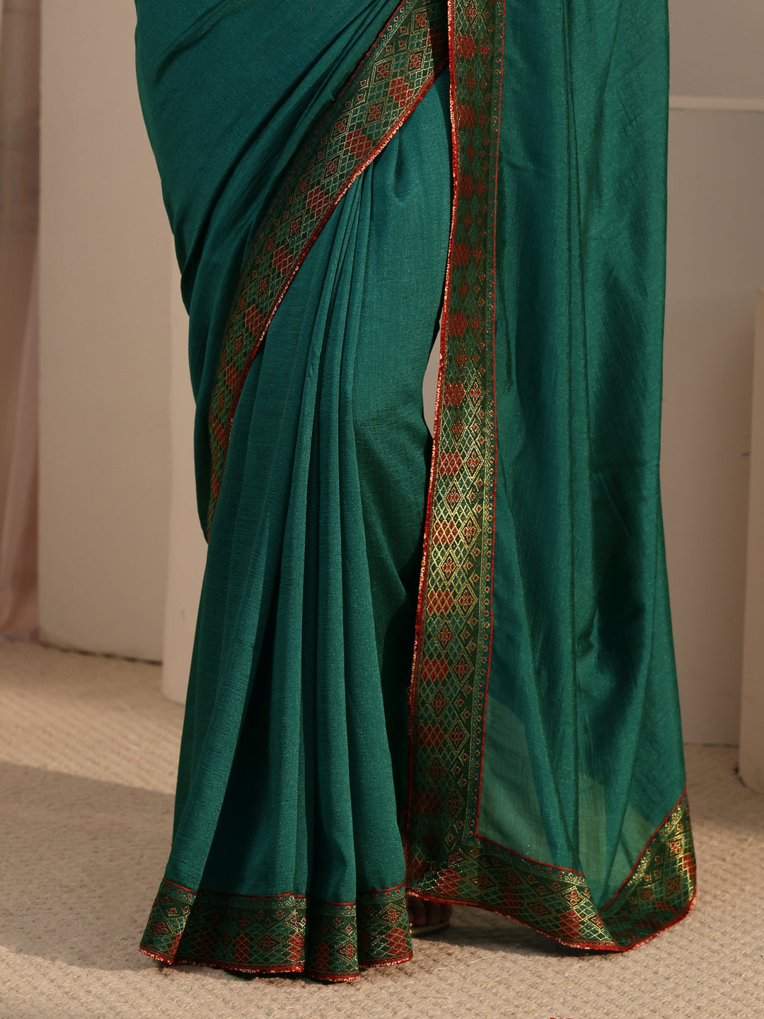  Libas Peacock Green Woven Design Silk Blend Saree 