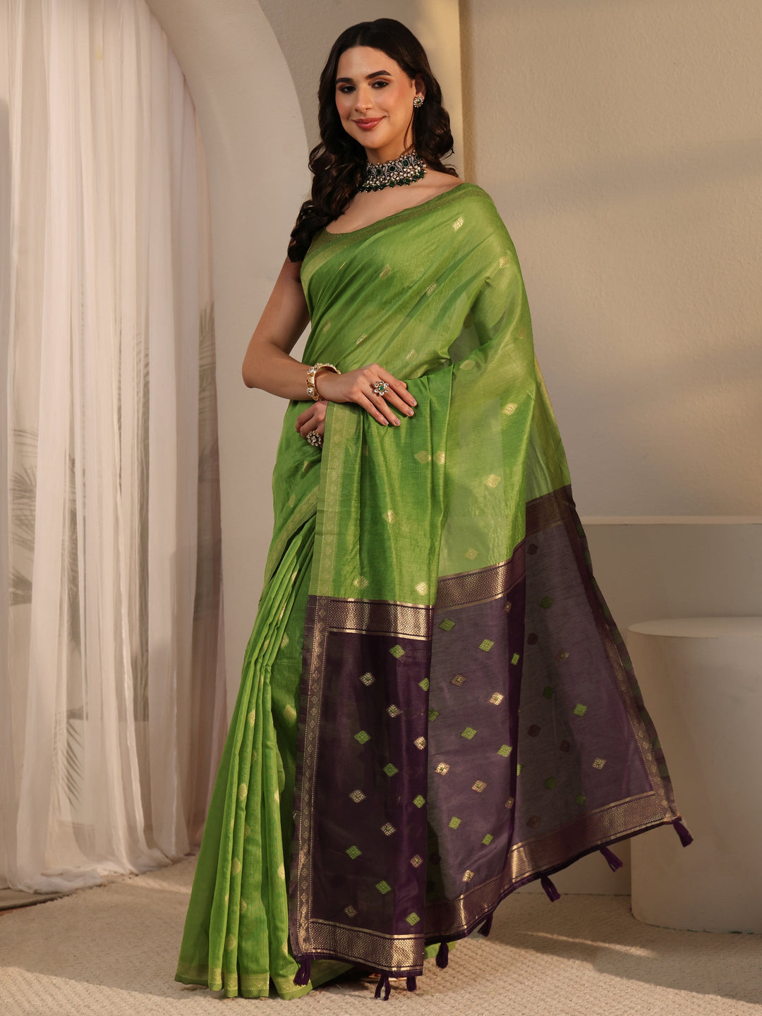  Libas Green Woven Design Silk Blend Tassel Saree 