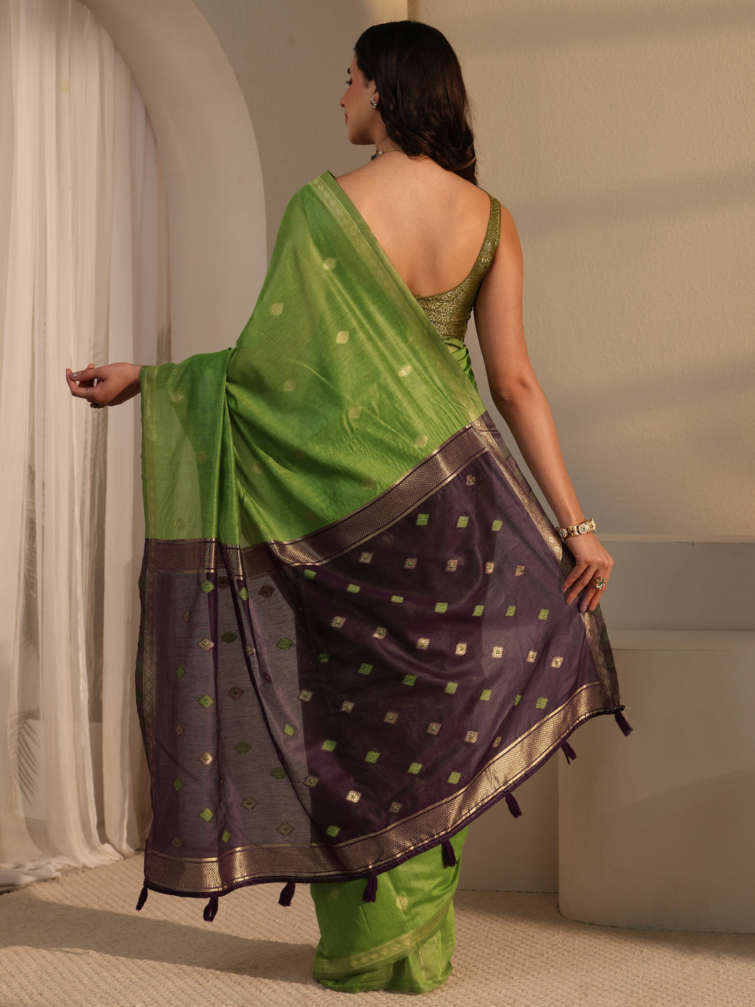  Libas Green Woven Design Silk Blend Tassel Saree 