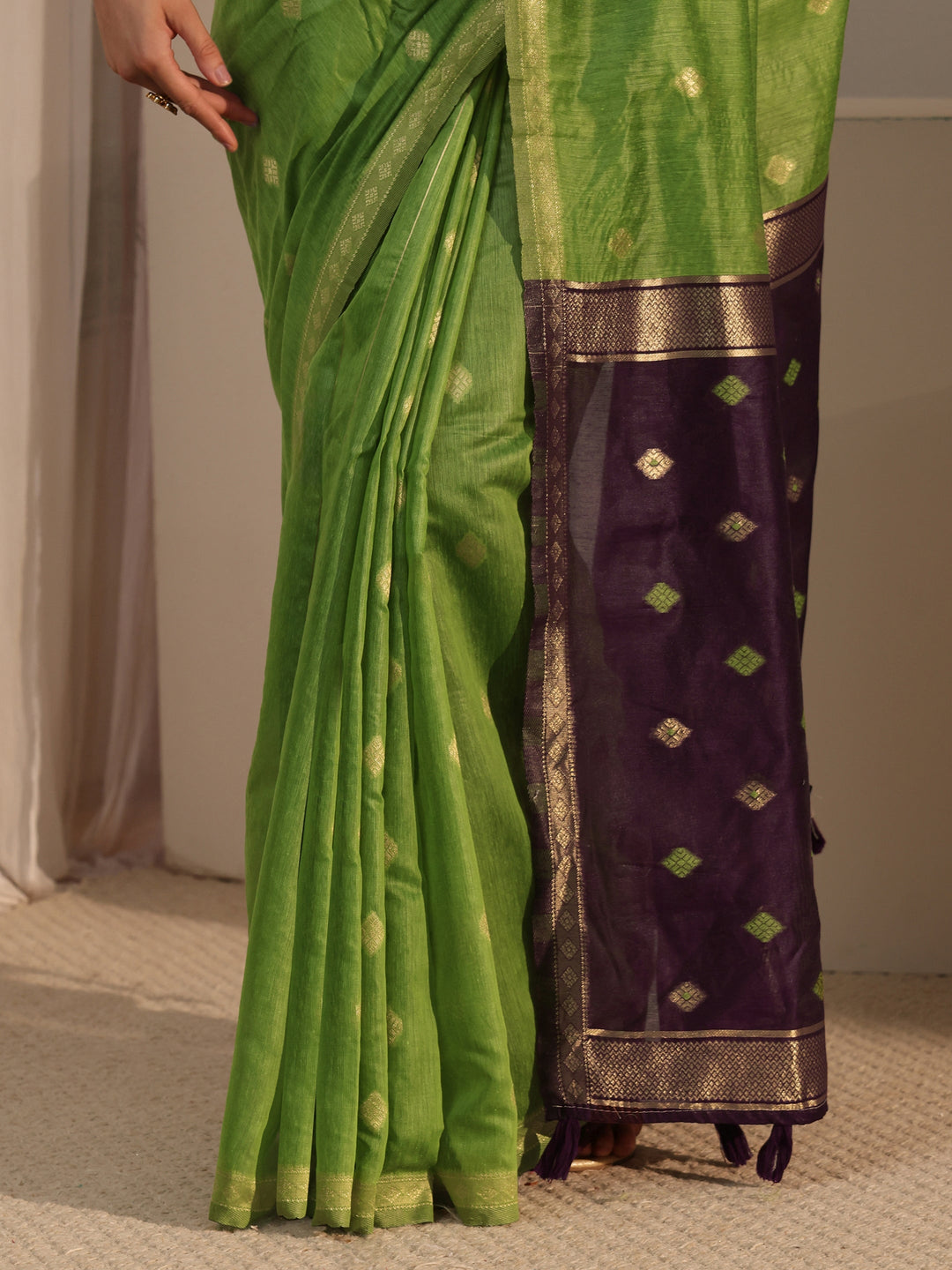  Libas Green Woven Design Silk Blend Tassel Saree 