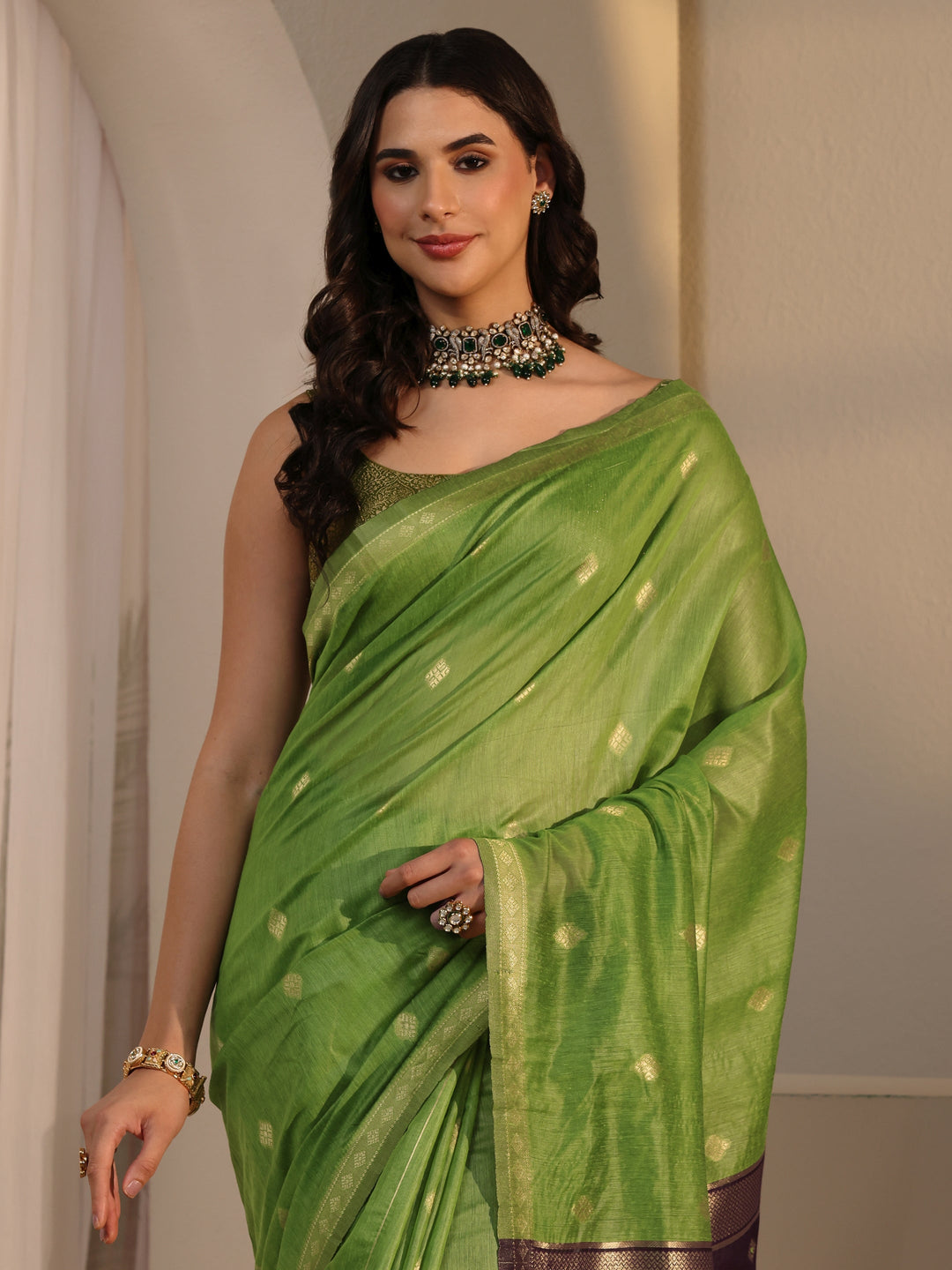  Libas Green Woven Design Silk Blend Tassel Saree 