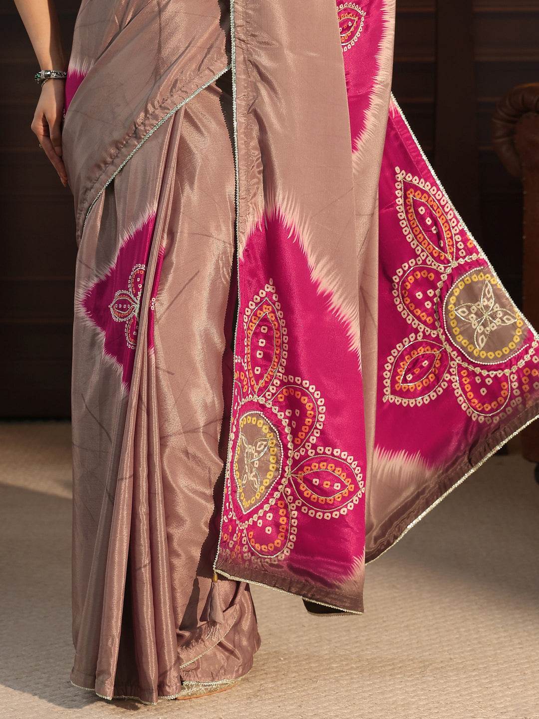  Libas Brown Bandhani Printed Pallu Silk Blend Saree 