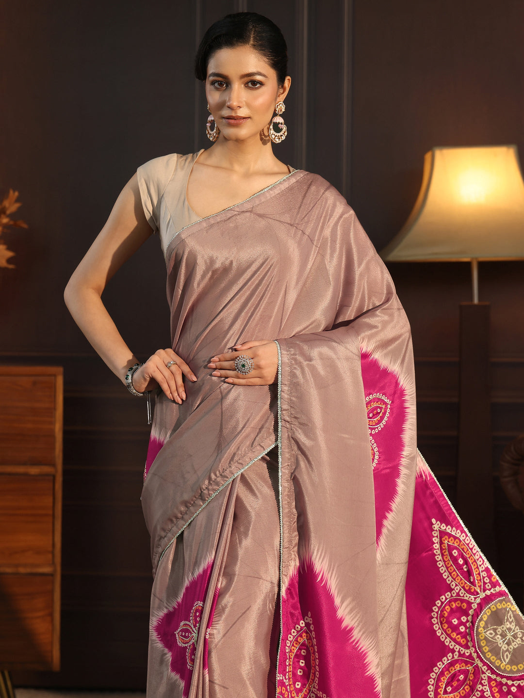  Libas Brown Bandhani Printed Pallu Silk Blend Saree 