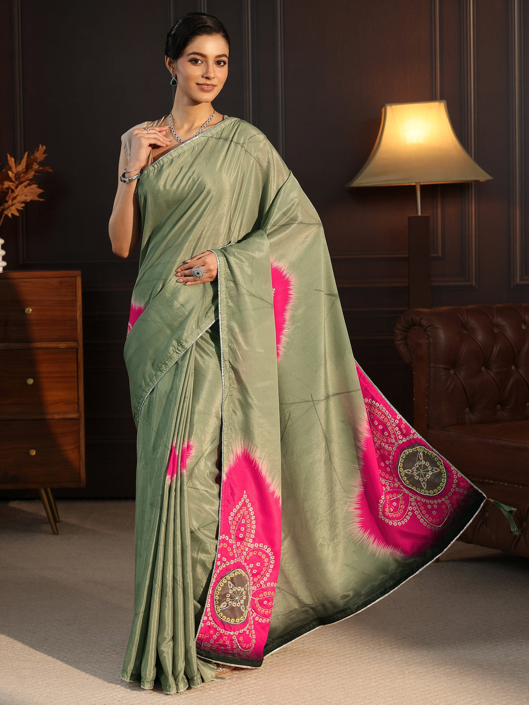  Libas Sage Green Bandhani Printed Pallu Silk Blend Saree 