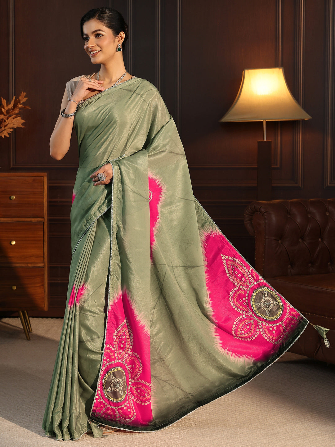  Libas Sage Green Bandhani Printed Pallu Silk Blend Saree 