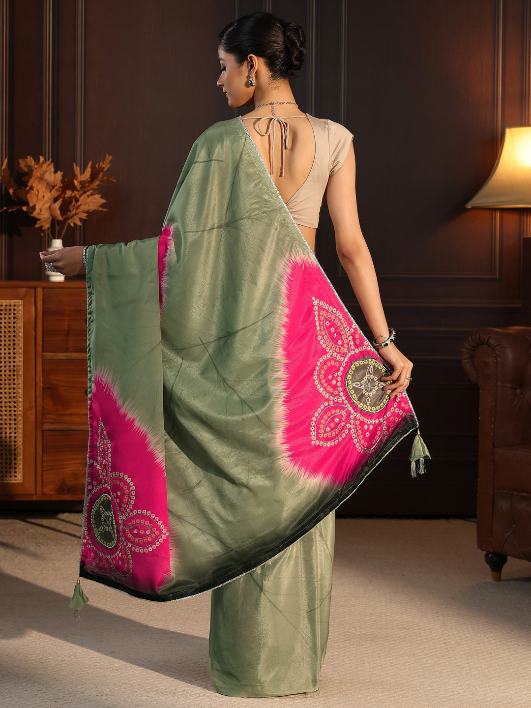  Libas Sage Green Bandhani Printed Pallu Silk Blend Saree 
