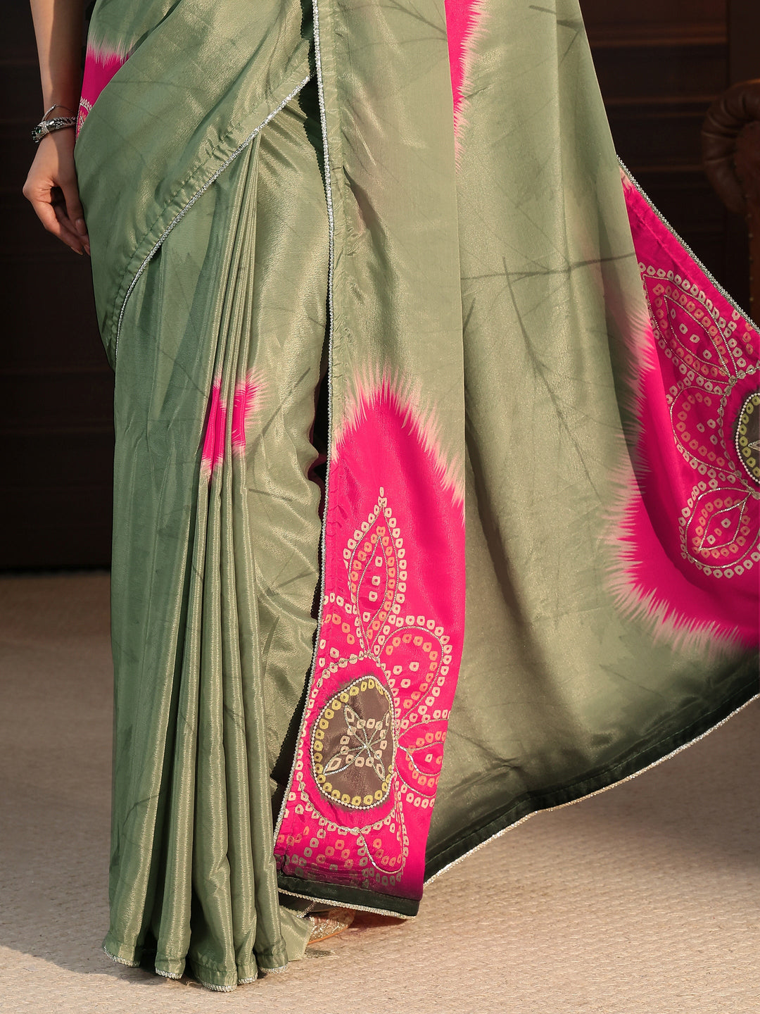  Libas Sage Green Bandhani Printed Pallu Silk Blend Saree 