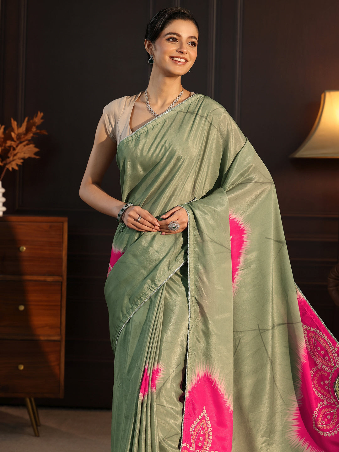  Libas Sage Green Bandhani Printed Pallu Silk Blend Saree 