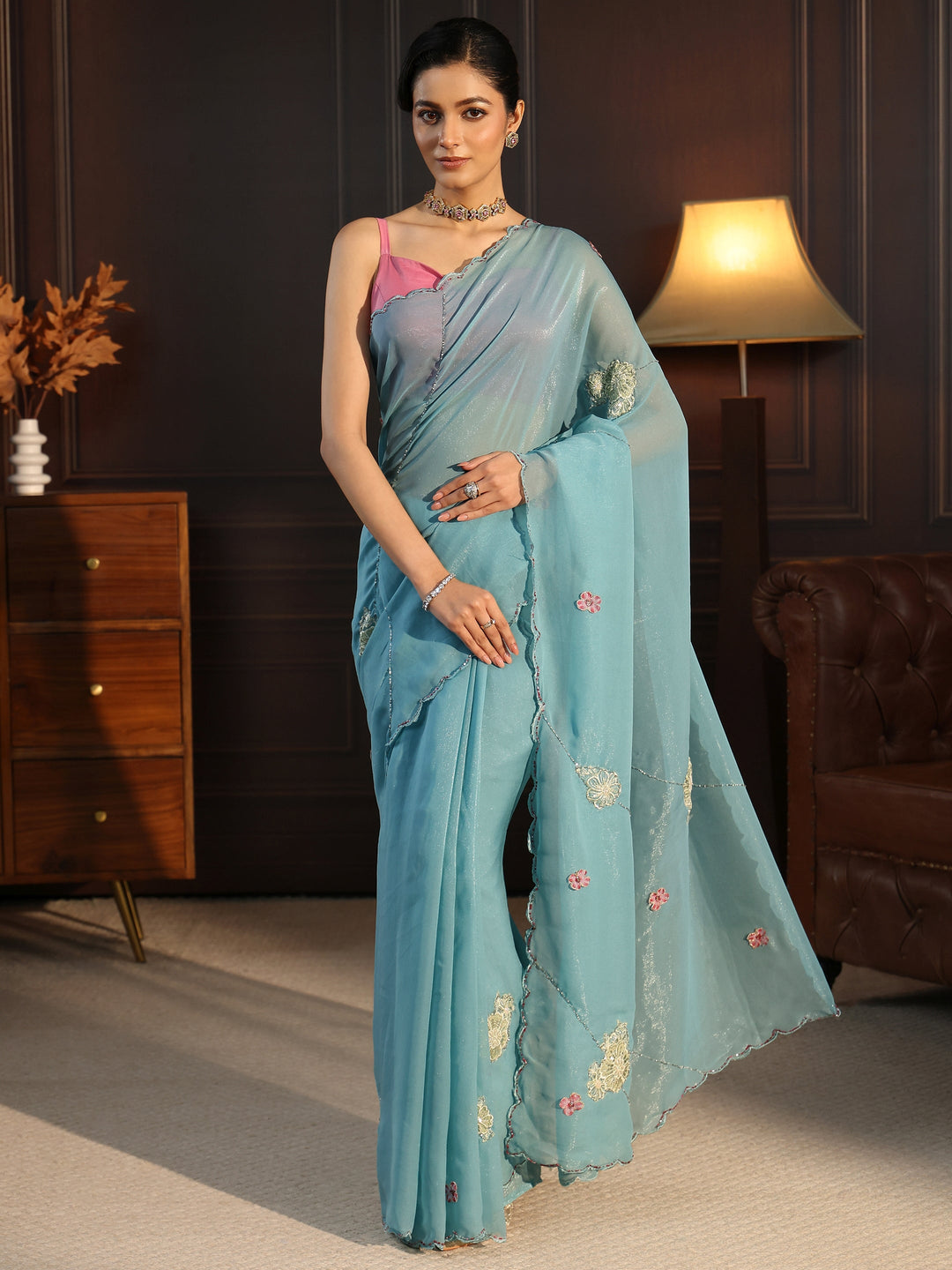  Libas Powder Blue Embellished Floral Motif Silk Blend Saree 