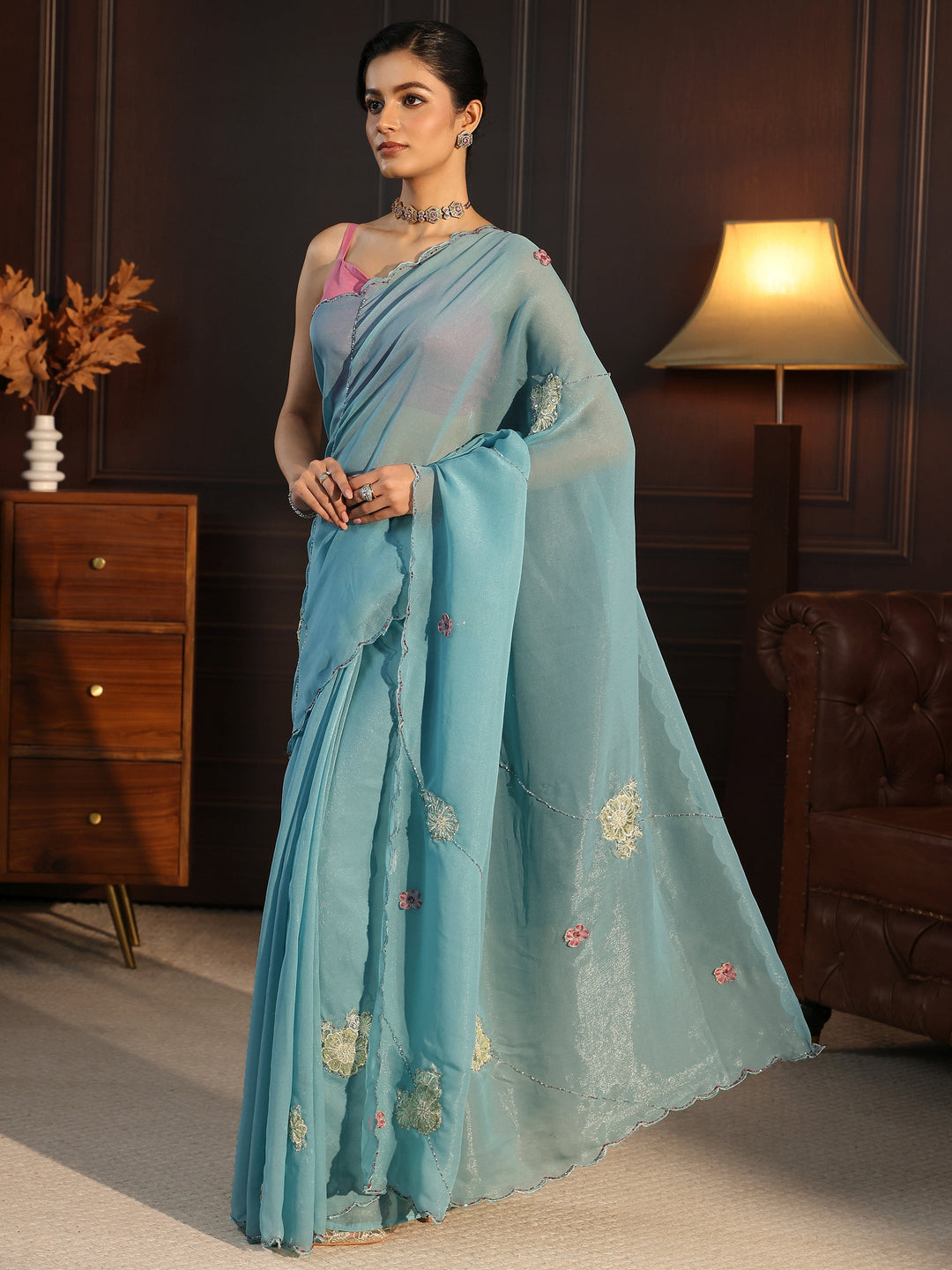  Libas Powder Blue Embellished Floral Motif Silk Blend Saree 