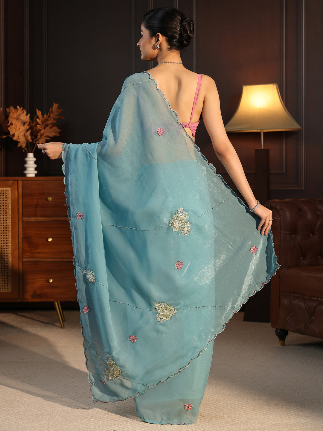  Libas Powder Blue Embellished Floral Motif Silk Blend Saree 