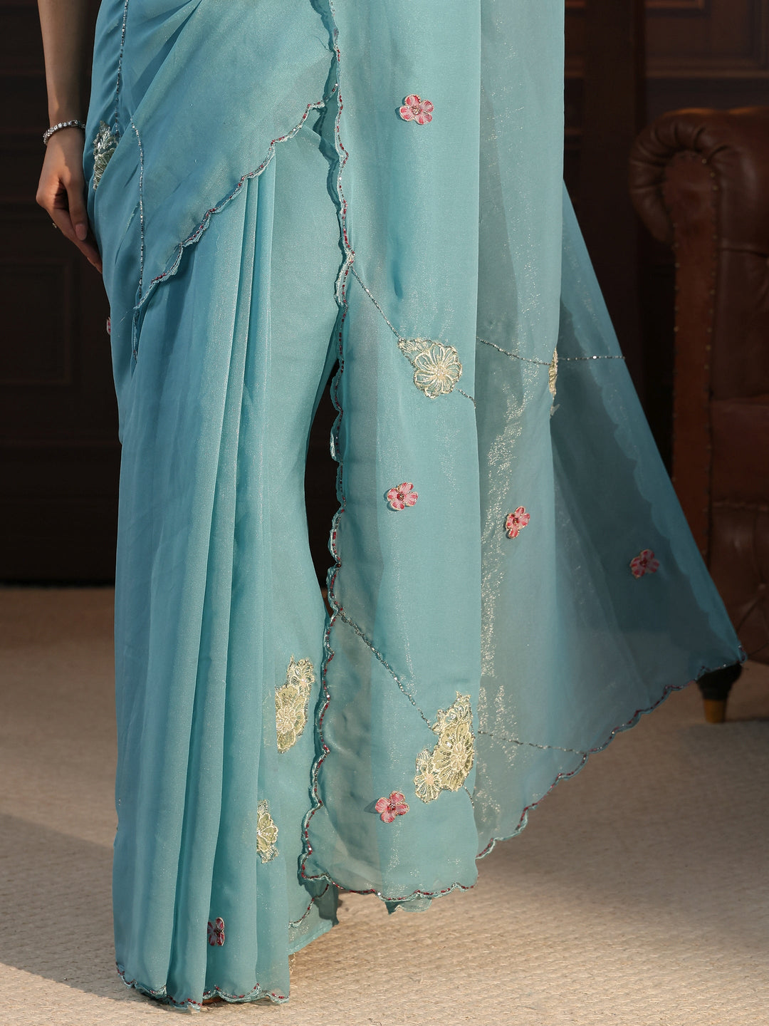  Libas Powder Blue Embellished Floral Motif Silk Blend Saree 