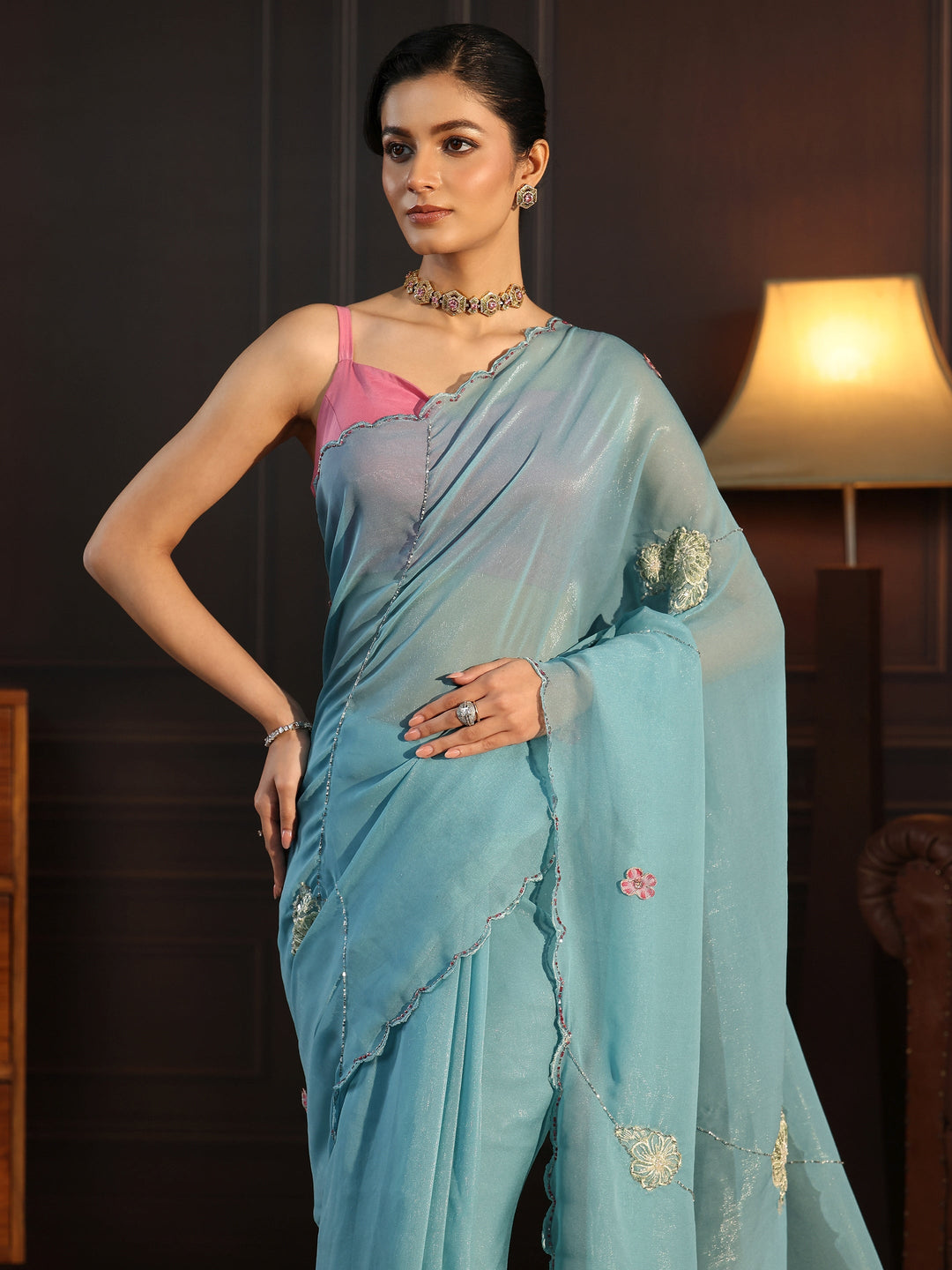  Libas Powder Blue Embellished Floral Motif Silk Blend Saree 