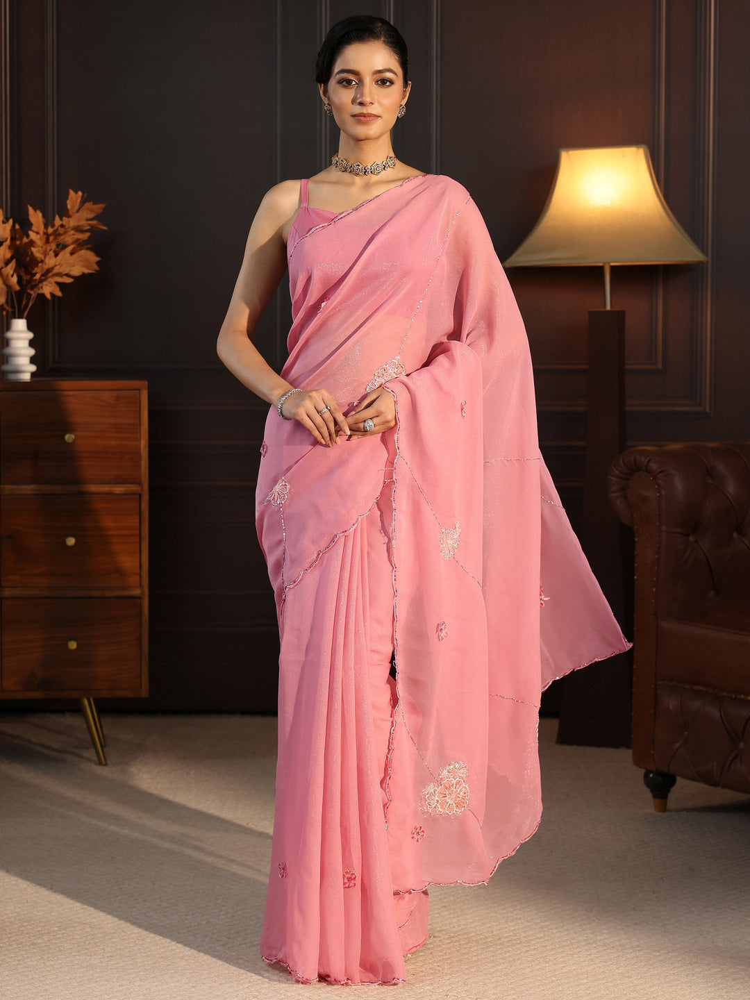  Libas Blush Pink Embellished Floral Motif Silk Blend Saree 