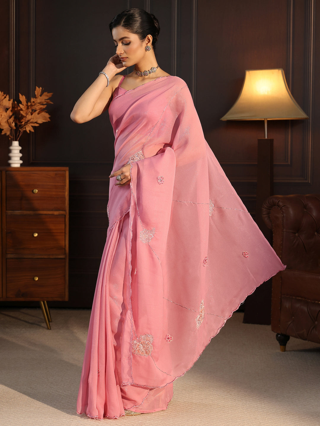 Libas Blush Pink Embellished Floral Motif Silk Blend Saree 