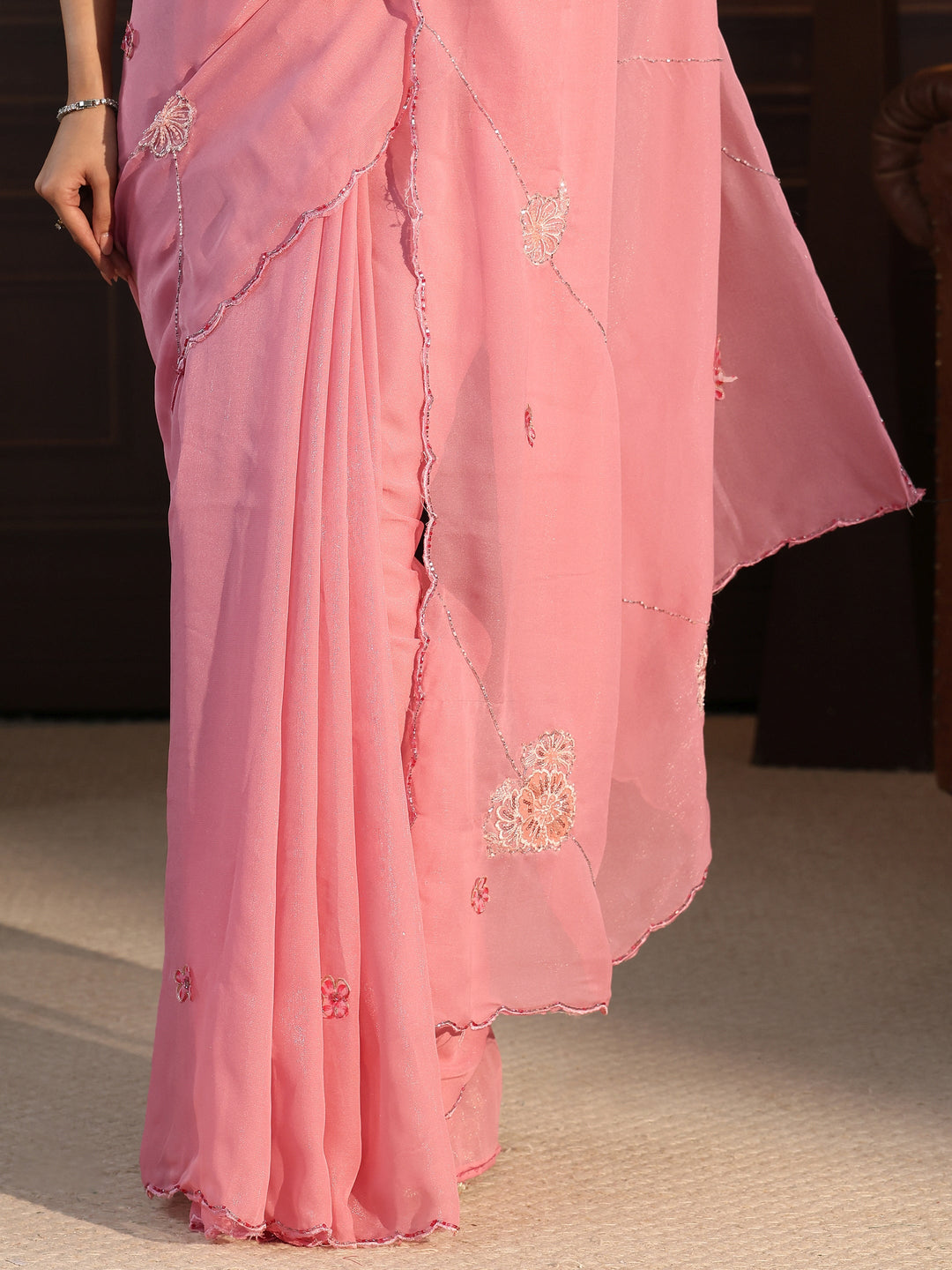  Libas Blush Pink Embellished Floral Motif Silk Blend Saree 
