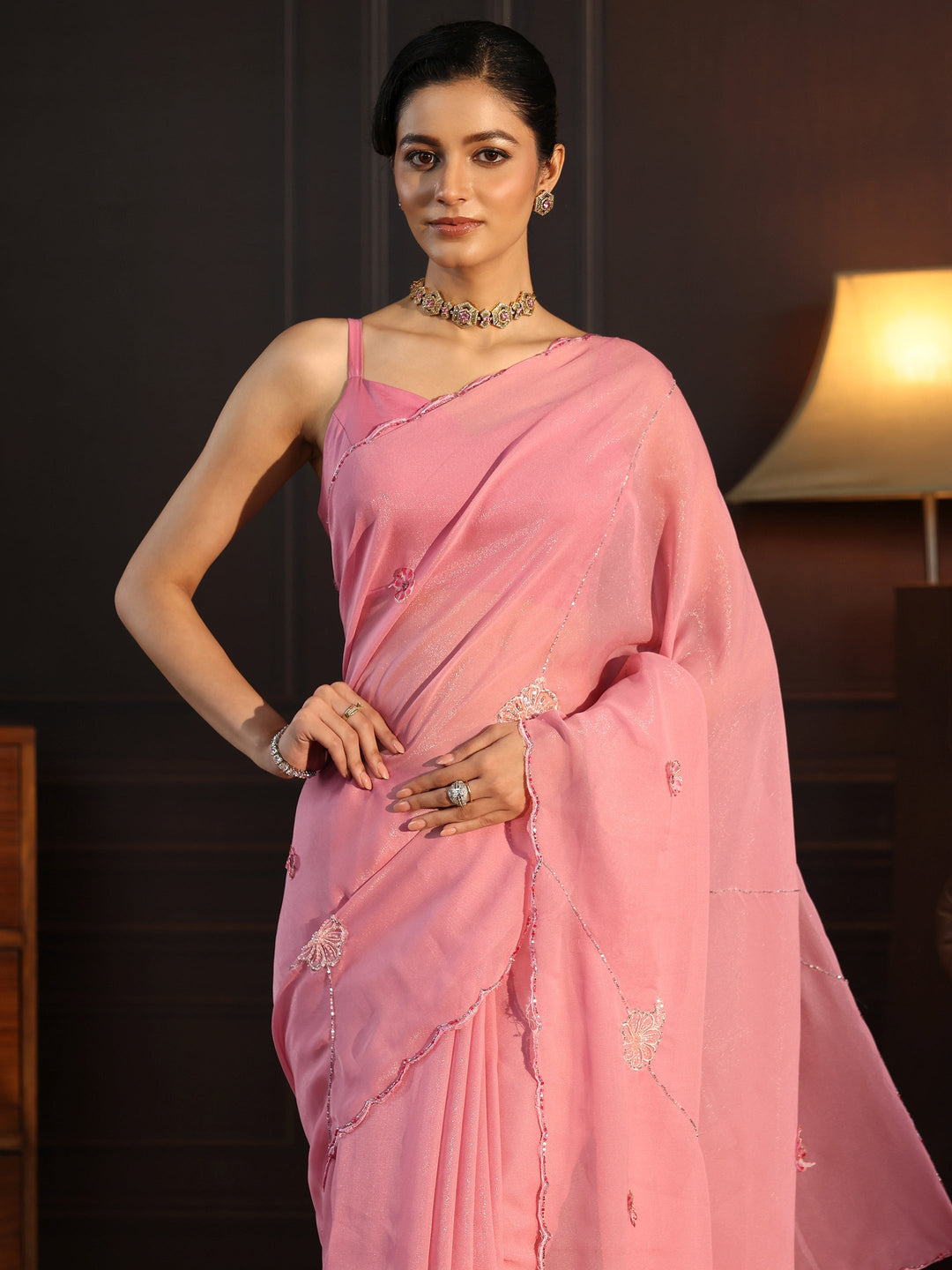  Libas Blush Pink Embellished Floral Motif Silk Blend Saree 