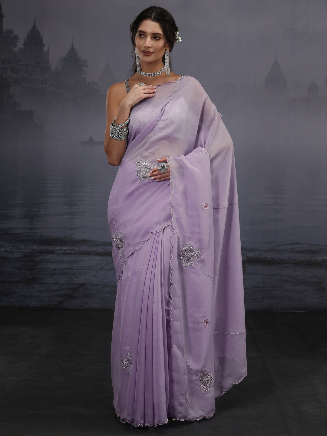  Libas Lavender Sequin Embellished Silk Blend Saree 