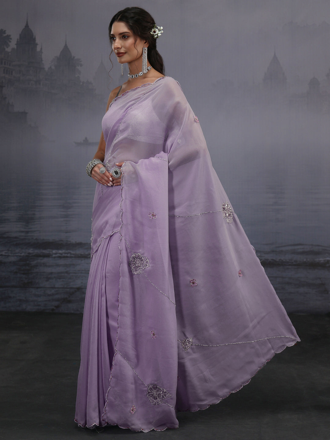  Libas Lavender Sequin Embellished Silk Blend Saree 