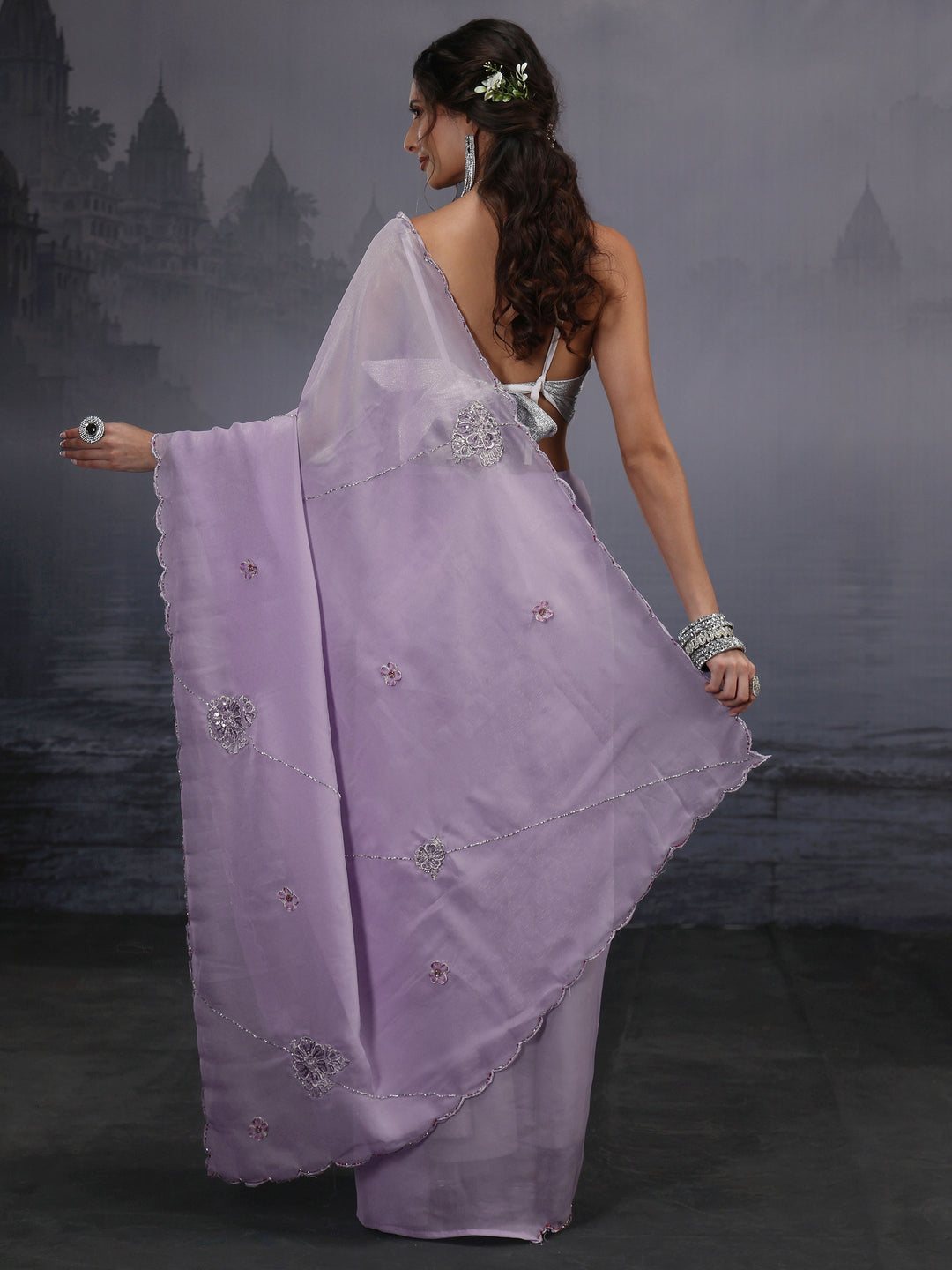  Libas Lavender Sequin Embellished Silk Blend Saree 