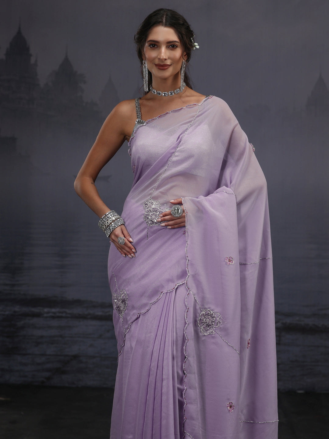 Libas Lavender Sequin Embellished Silk Blend Saree 