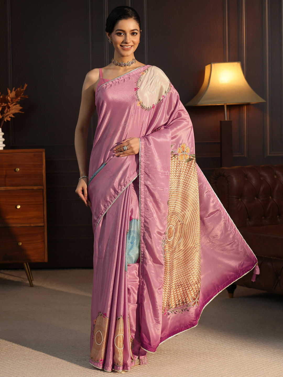  Libas Lilac Floral Printed Silk Blend Saree 