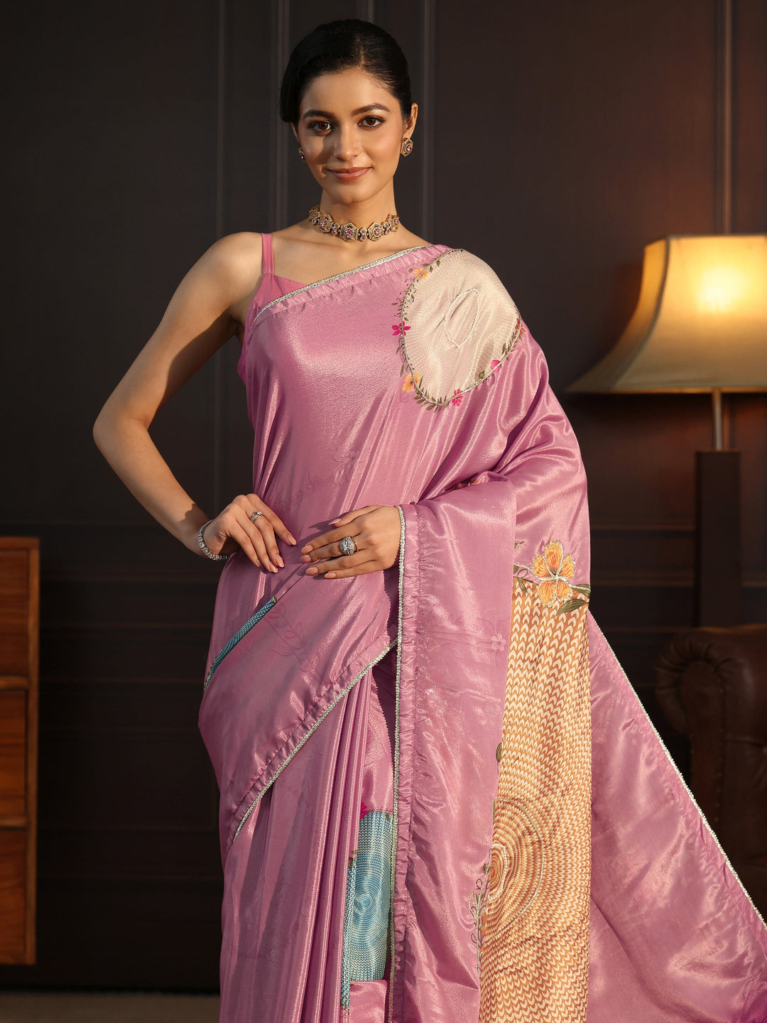  Libas Lilac Floral Printed Silk Blend Saree 